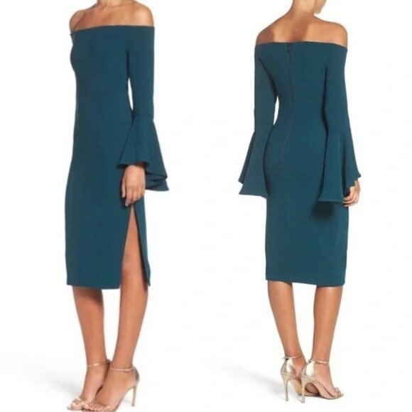 NWT Bardot Off The Shoulder Bell Sleeve Midi Length Solange Dress Women 8 Teal - Picture 2 of 12